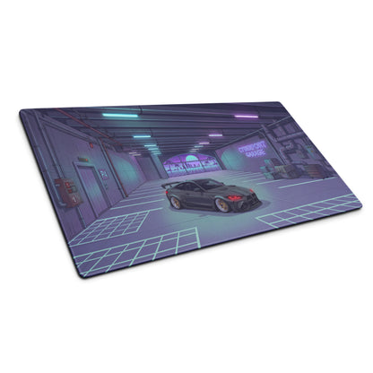 BMW M4 G82 Inspired Black Purple Vaporwave Gaming Mouse Pad, Neon Sports Coupe Desk Mat with Cyberpunk Garage Artwork and Retro Futuristic Style