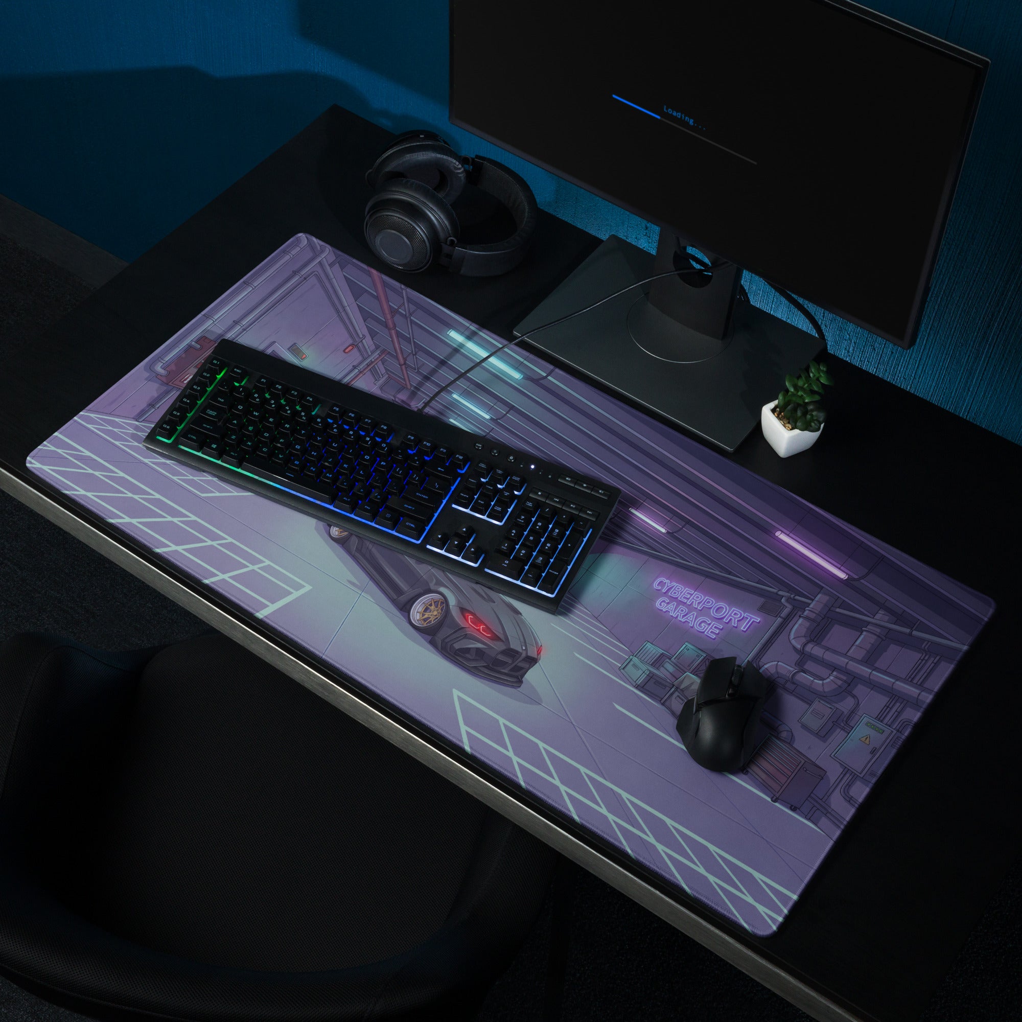 BMW M4 G82 Inspired Black Purple Vaporwave Gaming Mouse Pad, Neon Sports Coupe Desk Mat with Cyberpunk Garage Artwork and Retro Futuristic Style