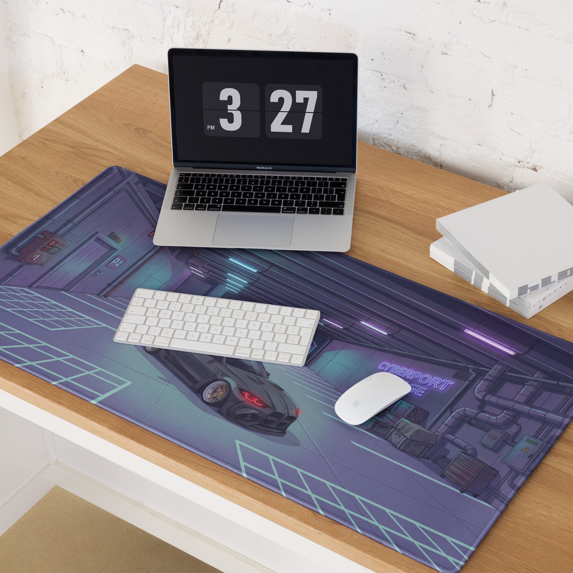 BMW M4 G82 Inspired Black Purple Vaporwave Gaming Mouse Pad, Neon Sports Coupe Desk Mat with Cyberpunk Garage Artwork and Retro Futuristic Style