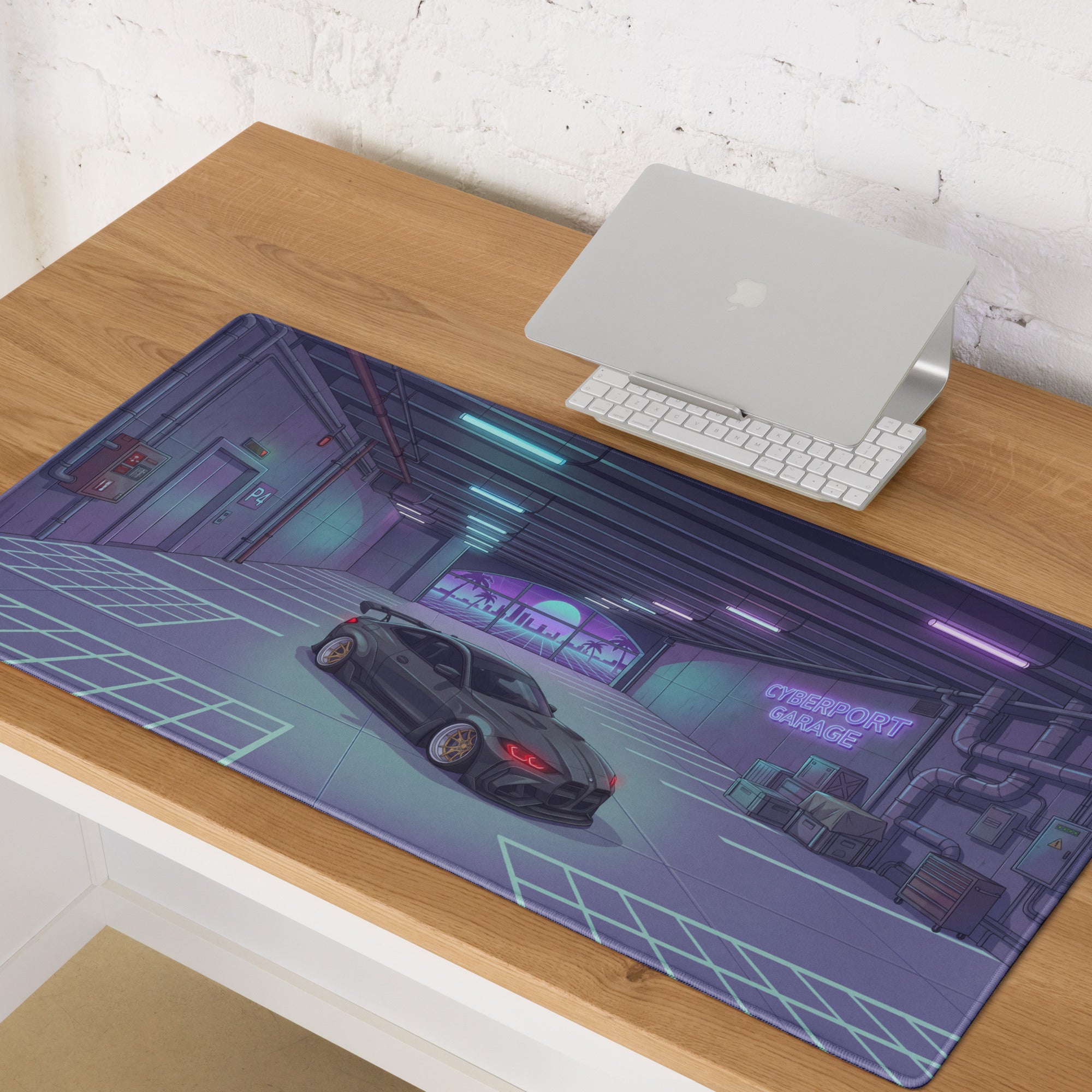 BMW M4 G82 Inspired Black Purple Vaporwave Gaming Mouse Pad, Neon Sports Coupe Desk Mat with Cyberpunk Garage Artwork and Retro Futuristic Style