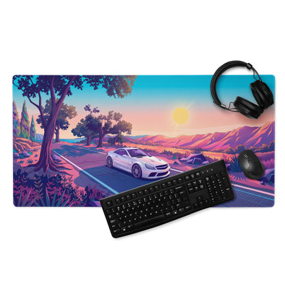 Mercedes-Benz SL 65 AMG Black Series Inspired White Pink Vaporwave Gaming Mouse Pad, Retro Supercar Desk Mat with Desert Sunset Road Artwork