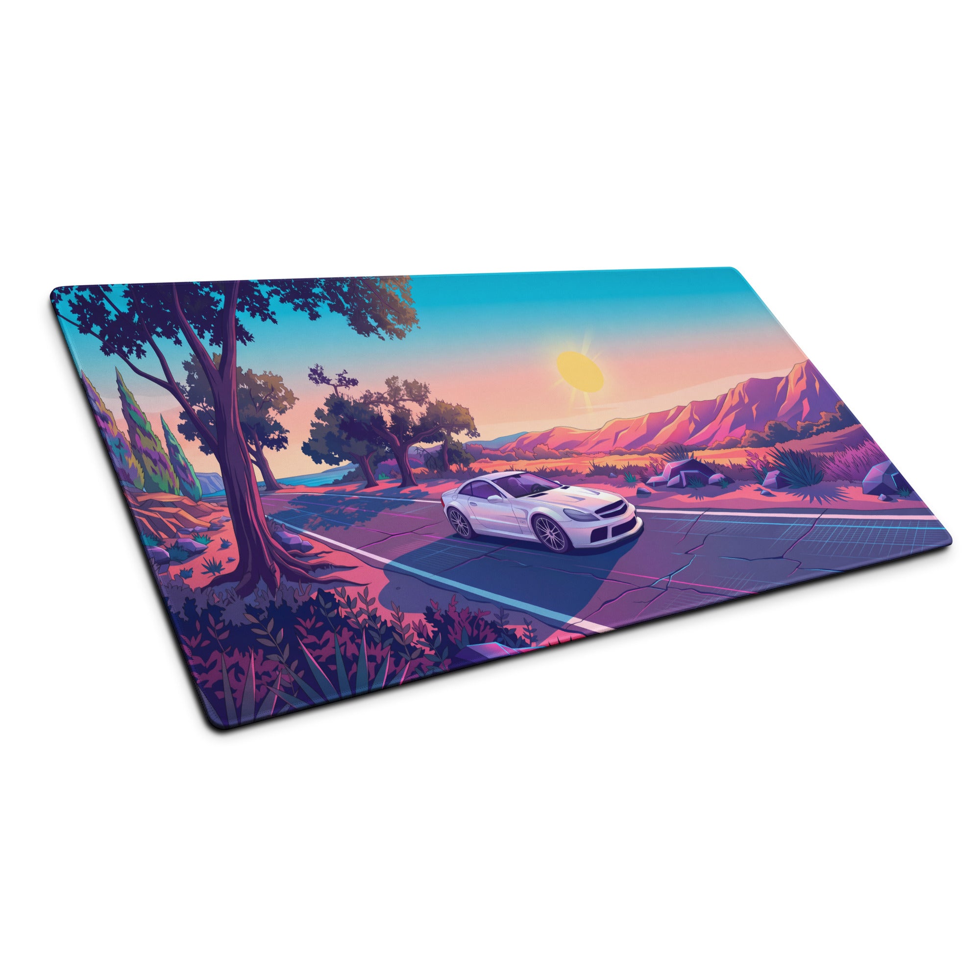 Mercedes-Benz SL 65 AMG Black Series Inspired White Pink Vaporwave Gaming Mouse Pad, Retro Supercar Desk Mat with Desert Sunset Road Artwork