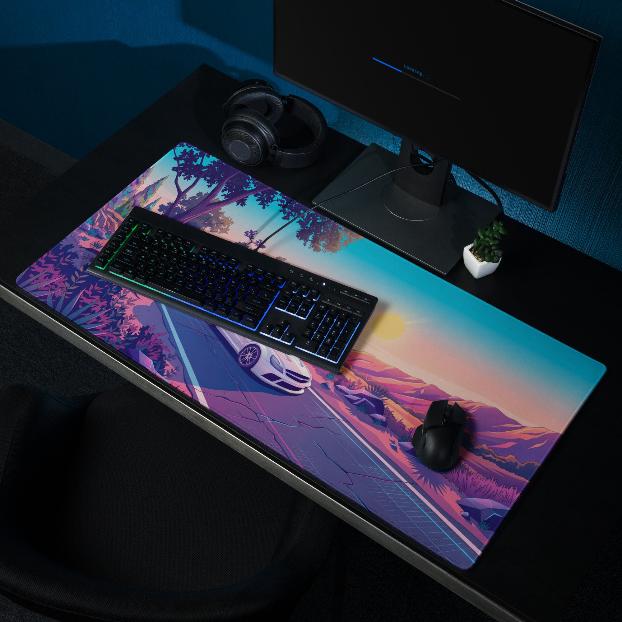 Mercedes-Benz SL 65 AMG Black Series Inspired White Pink Vaporwave Gaming Mouse Pad, Retro Supercar Desk Mat with Desert Sunset Road Artwork