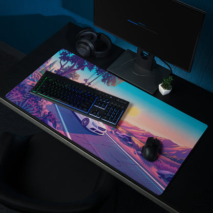 Mercedes-Benz SL 65 AMG Black Series Inspired White Pink Vaporwave Gaming Mouse Pad, Retro Supercar Desk Mat with Desert Sunset Road Artwork