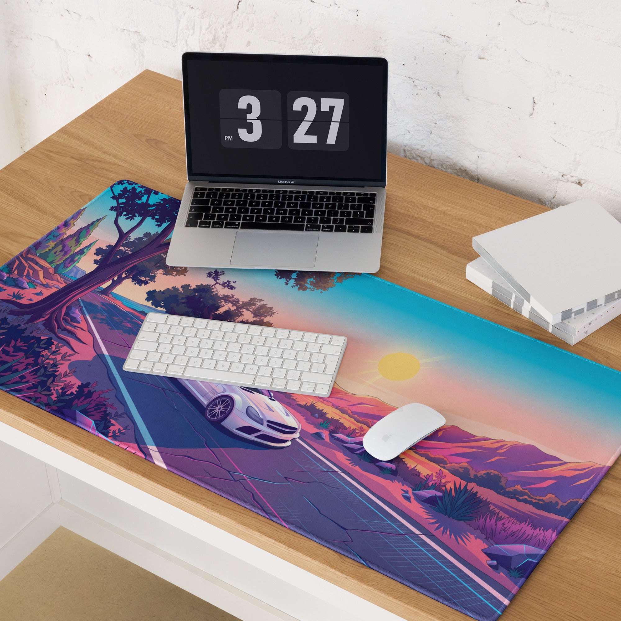 Mercedes-Benz SL 65 AMG Black Series Inspired White Pink Vaporwave Gaming Mouse Pad, Retro Supercar Desk Mat with Desert Sunset Road Artwork
