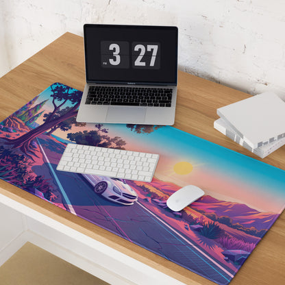 Mercedes-Benz SL 65 AMG Black Series Inspired White Pink Vaporwave Gaming Mouse Pad, Retro Supercar Desk Mat with Desert Sunset Road Artwork