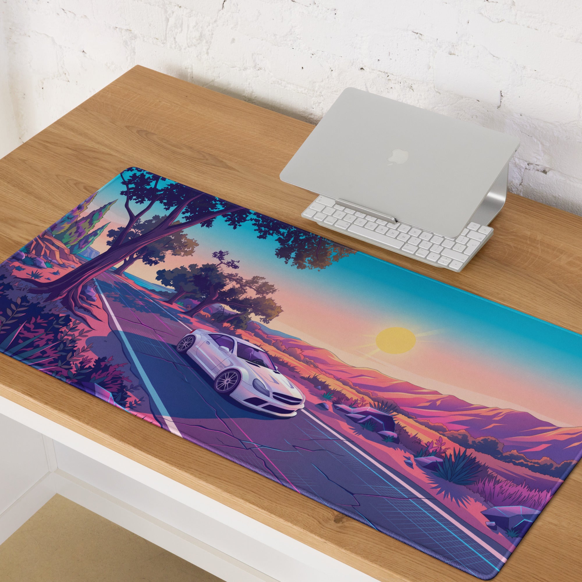 Mercedes-Benz SL 65 AMG Black Series Inspired White Pink Vaporwave Gaming Mouse Pad, Retro Supercar Desk Mat with Desert Sunset Road Artwork