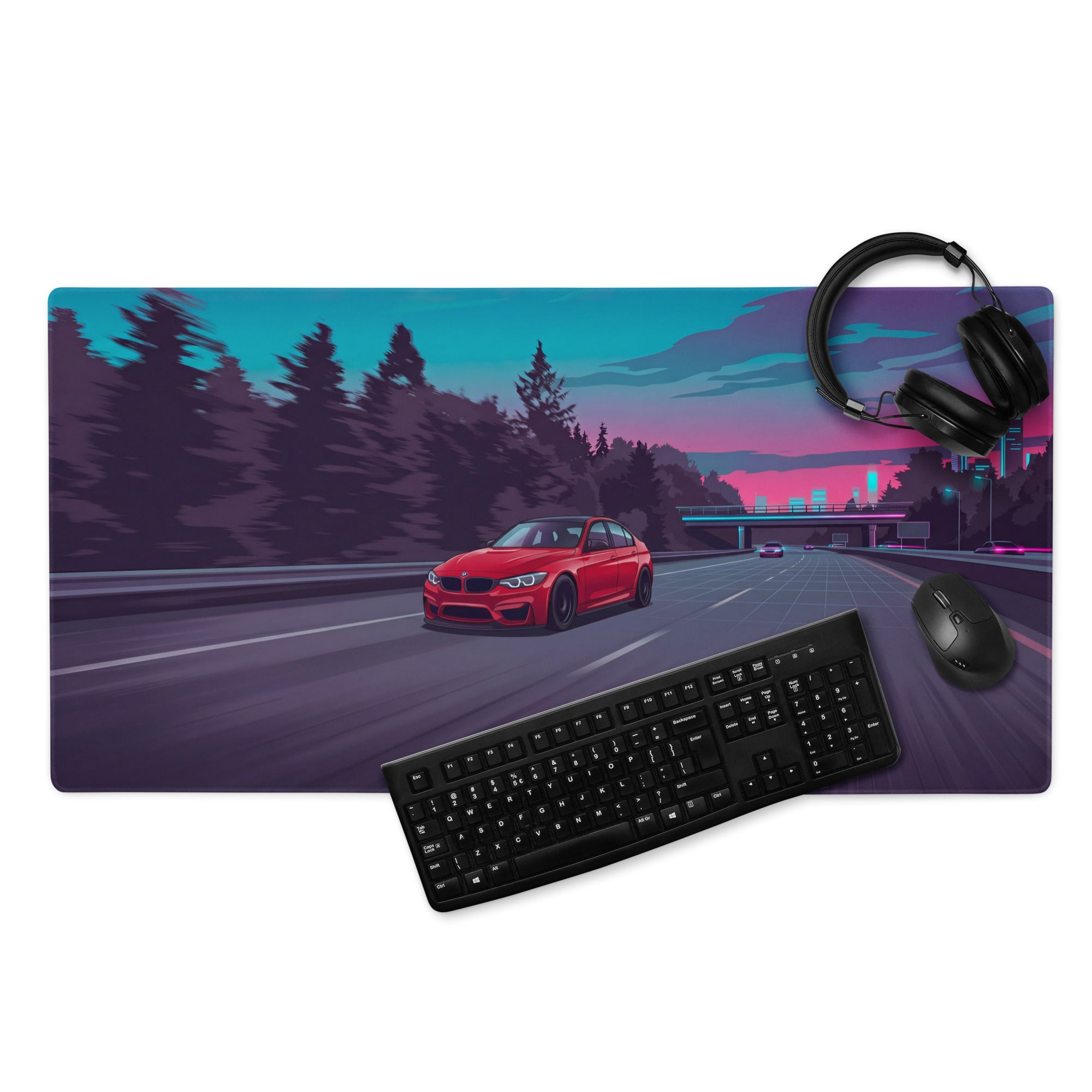 BMW M4 F82 Inspired Red Blue Vaporwave Gaming Mouse Pad, High-Speed Sports Coupe Desk Mat with Retro Futuristic Highway Artwork