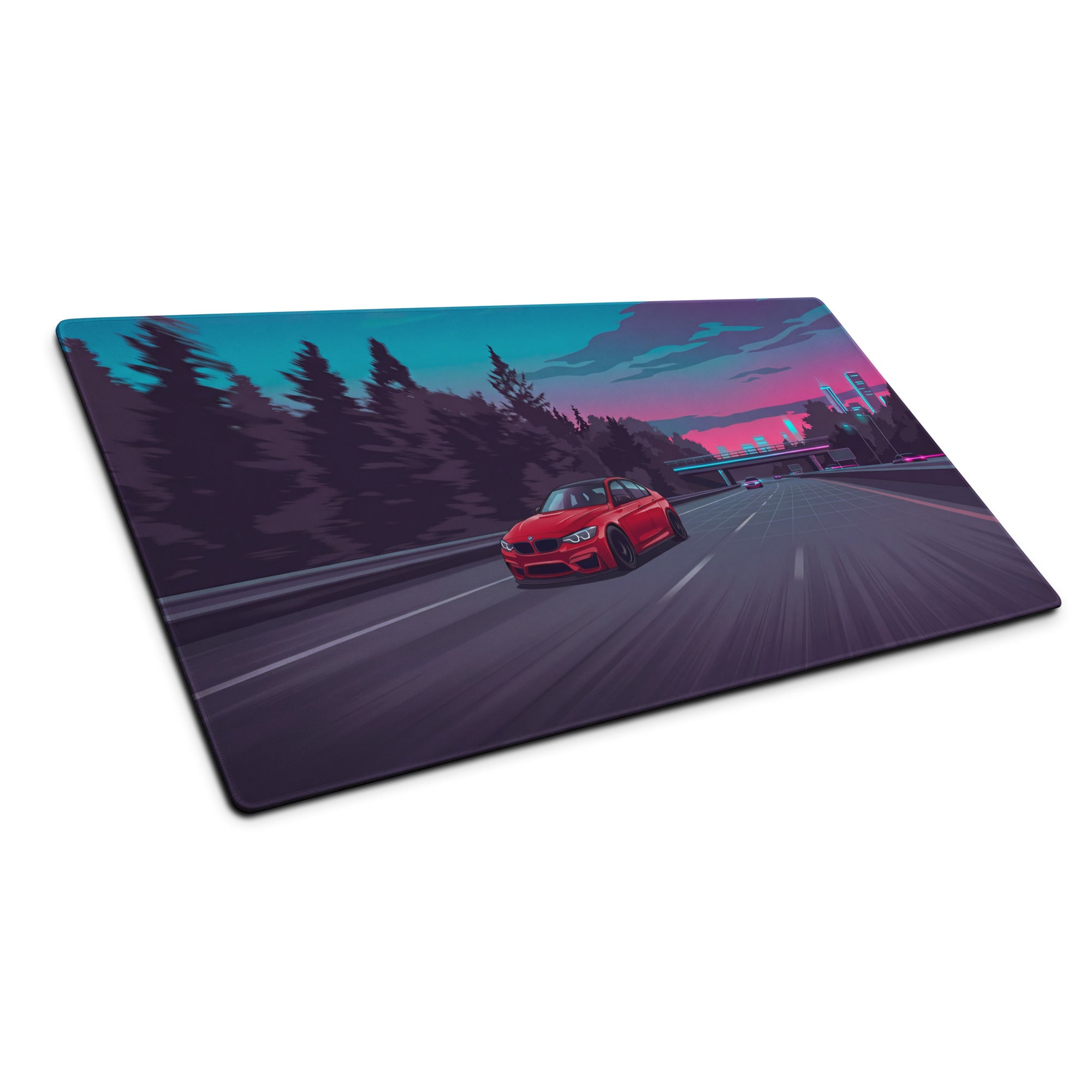 BMW M4 F82 Inspired Red Blue Vaporwave Gaming Mouse Pad, High-Speed Sports Coupe Desk Mat with Retro Futuristic Highway Artwork