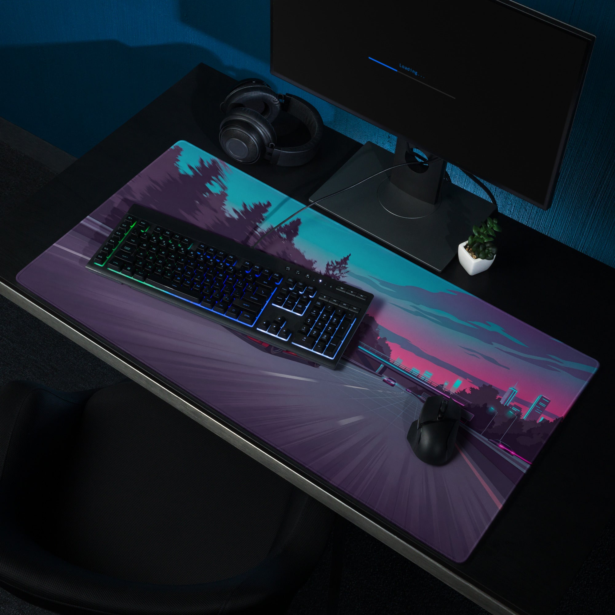 BMW M4 F82 Inspired Red Blue Vaporwave Gaming Mouse Pad, High-Speed Sports Coupe Desk Mat with Retro Futuristic Highway Artwork