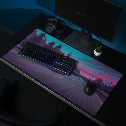 BMW M4 F82 Inspired Red Blue Vaporwave Gaming Mouse Pad, High-Speed Sports Coupe Desk Mat with Retro Futuristic Highway Artwork