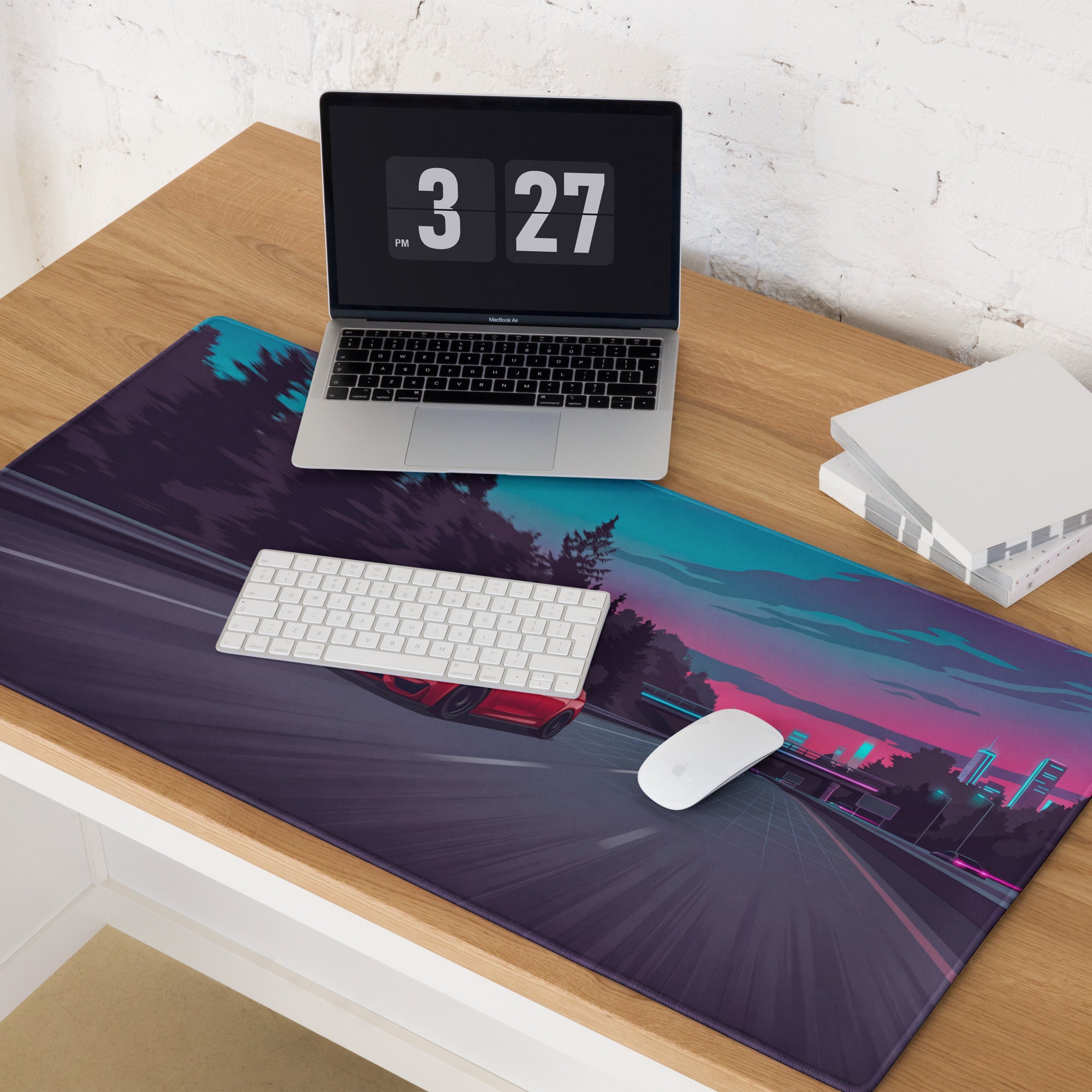 BMW M4 F82 Inspired Red Blue Vaporwave Gaming Mouse Pad, High-Speed Sports Coupe Desk Mat with Retro Futuristic Highway Artwork