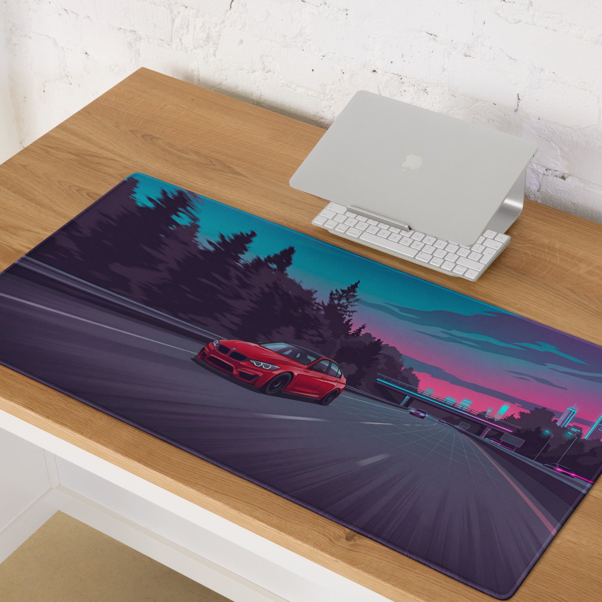 BMW M4 F82 Inspired Red Blue Vaporwave Gaming Mouse Pad, High-Speed Sports Coupe Desk Mat with Retro Futuristic Highway Artwork