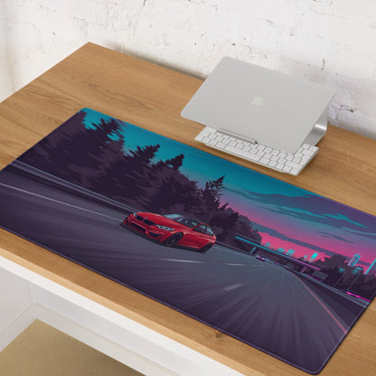 BMW M4 F82 Inspired Red Blue Vaporwave Gaming Mouse Pad, High-Speed Sports Coupe Desk Mat with Retro Futuristic Highway Artwork