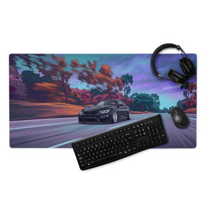 BMW M4 F82 Inspired Black Purple Vaporwave Gaming Mouse Pad, High-Speed Sports Coupe Desk Mat with Retro Futuristic Forest Highway Artwork