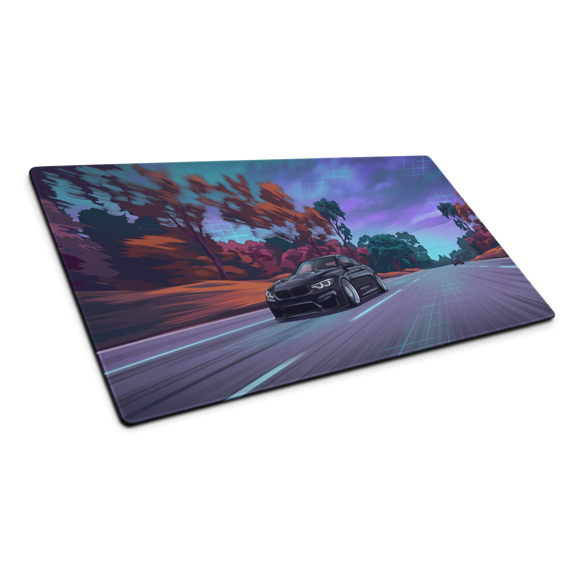 BMW M4 F82 Inspired Black Purple Vaporwave Gaming Mouse Pad, High-Speed Sports Coupe Desk Mat with Retro Futuristic Forest Highway Artwork
