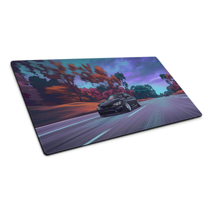 BMW M4 F82 Inspired Black Purple Vaporwave Gaming Mouse Pad, High-Speed Sports Coupe Desk Mat with Retro Futuristic Forest Highway Artwork
