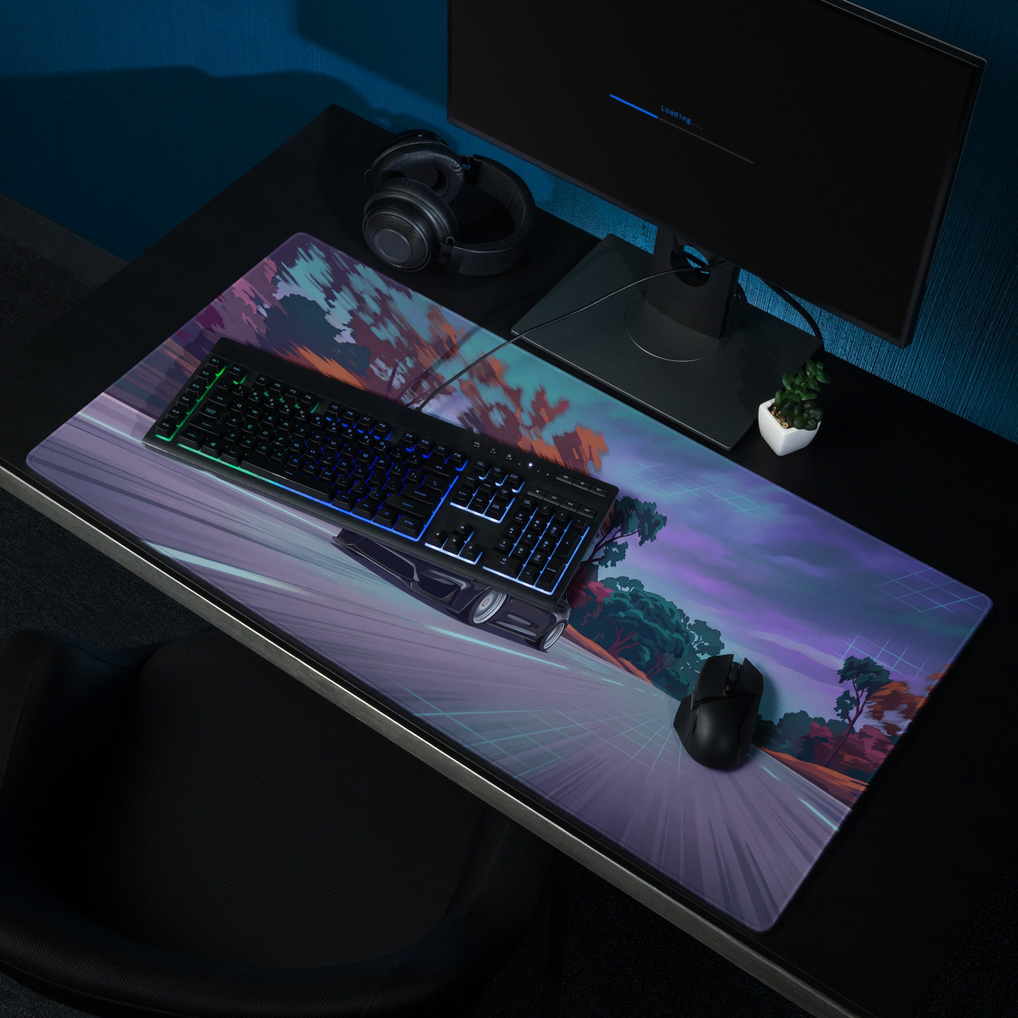 BMW M4 F82 Inspired Black Purple Vaporwave Gaming Mouse Pad, High-Speed Sports Coupe Desk Mat with Retro Futuristic Forest Highway Artwork