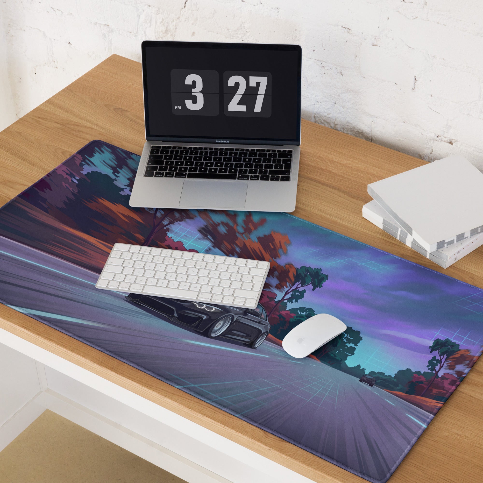 BMW M4 F82 Inspired Black Purple Vaporwave Gaming Mouse Pad, High-Speed Sports Coupe Desk Mat with Retro Futuristic Forest Highway Artwork