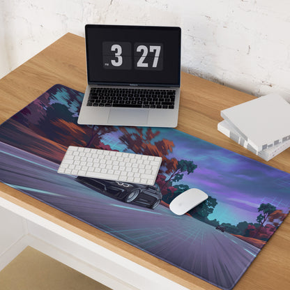 BMW M4 F82 Inspired Black Purple Vaporwave Gaming Mouse Pad, High-Speed Sports Coupe Desk Mat with Retro Futuristic Forest Highway Artwork