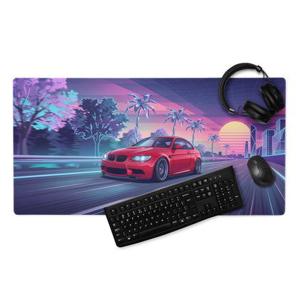 BMW M3 E92 Inspired Red Purple Vaporwave Gaming Mouse Pad, Neon Sports Coupe Desk Mat with Retro Futuristic Palm Tree Sunset Highway Artwork