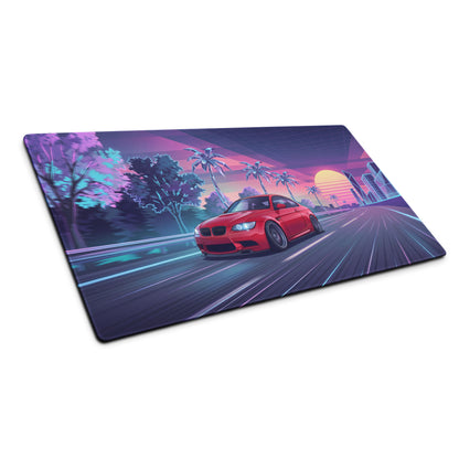 BMW M3 E92 Inspired Red Purple Vaporwave Gaming Mouse Pad, Neon Sports Coupe Desk Mat with Retro Futuristic Palm Tree Sunset Highway Artwork