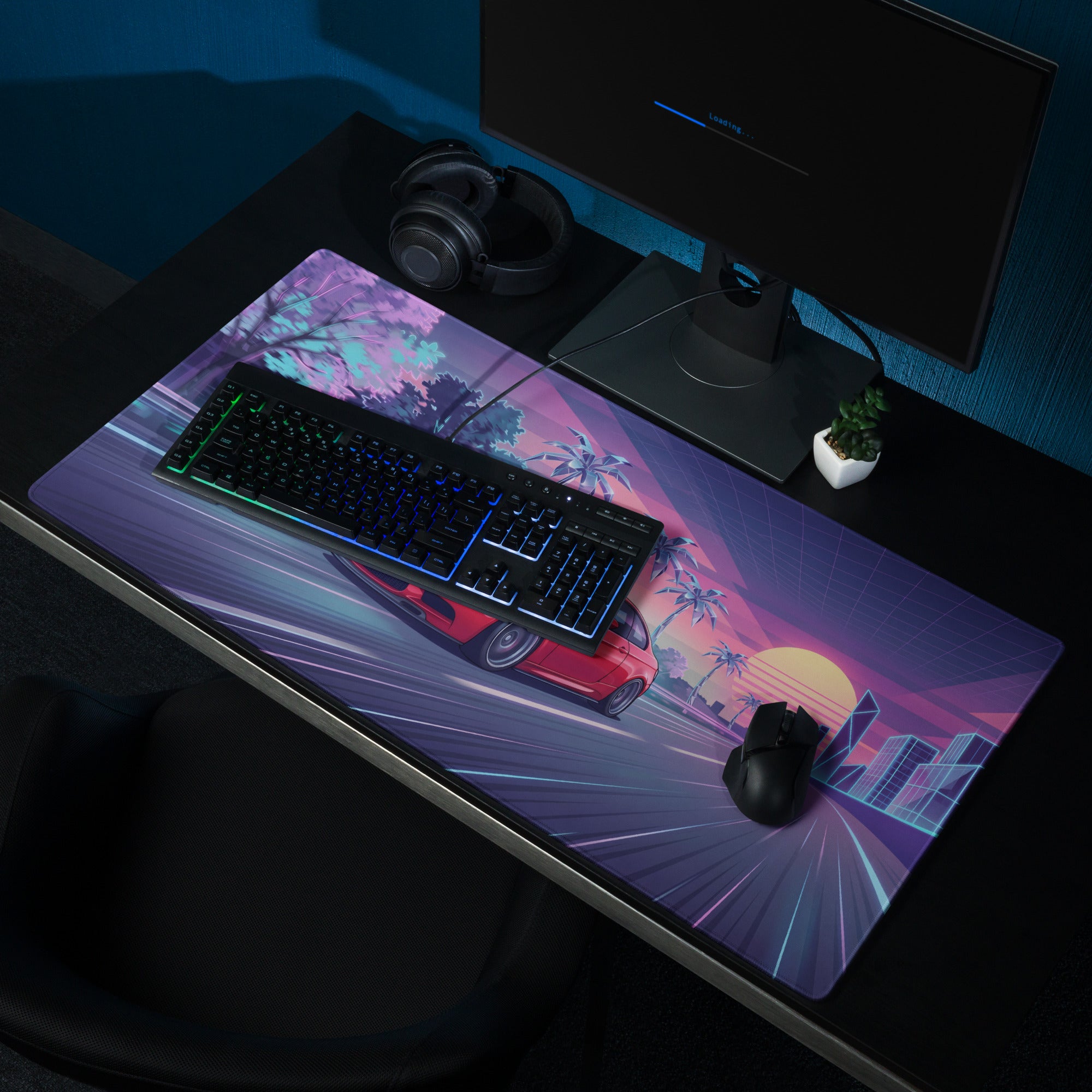 BMW M3 E92 Inspired Red Purple Vaporwave Gaming Mouse Pad, Neon Sports Coupe Desk Mat with Retro Futuristic Palm Tree Sunset Highway Artwork
