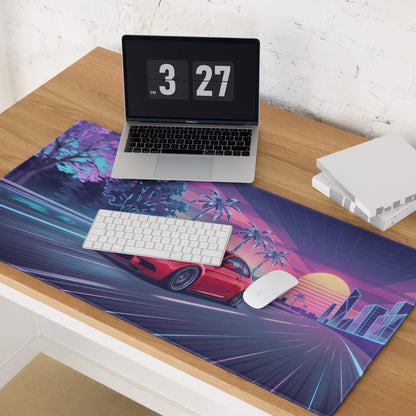 BMW M3 E92 Inspired Red Purple Vaporwave Gaming Mouse Pad, Neon Sports Coupe Desk Mat with Retro Futuristic Palm Tree Sunset Highway Artwork