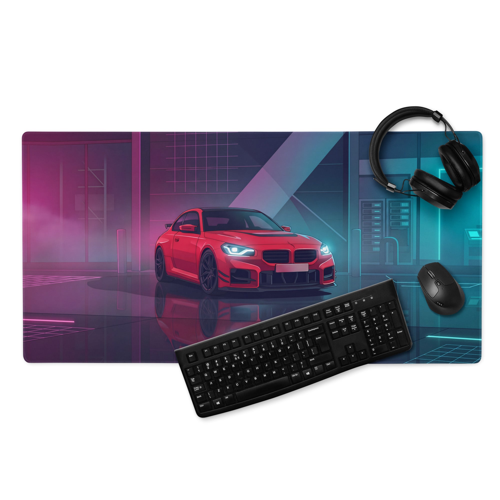 BMW M2 F87 Inspired Red Blue Vaporwave Gaming Mouse Pad, Neon Sports Coupe Desk Mat with Futuristic Cyberpunk Garage Artwork