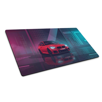 BMW M2 F87 Inspired Red Blue Vaporwave Gaming Mouse Pad, Neon Sports Coupe Desk Mat with Futuristic Cyberpunk Garage Artwork