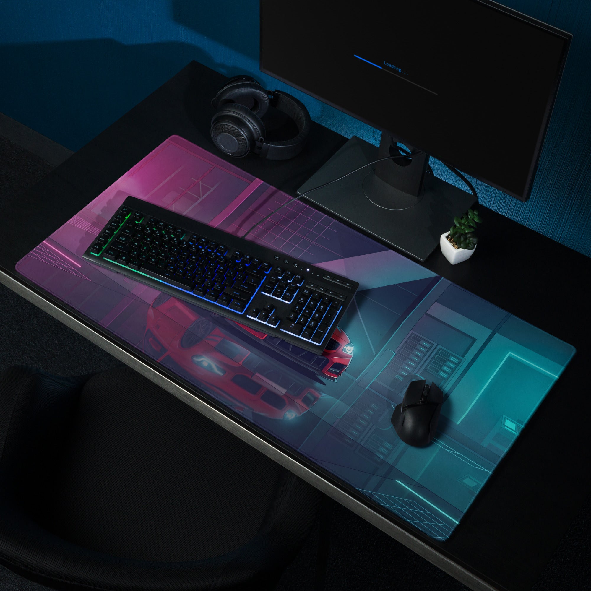 BMW M2 F87 Inspired Red Blue Vaporwave Gaming Mouse Pad, Neon Sports Coupe Desk Mat with Futuristic Cyberpunk Garage Artwork
