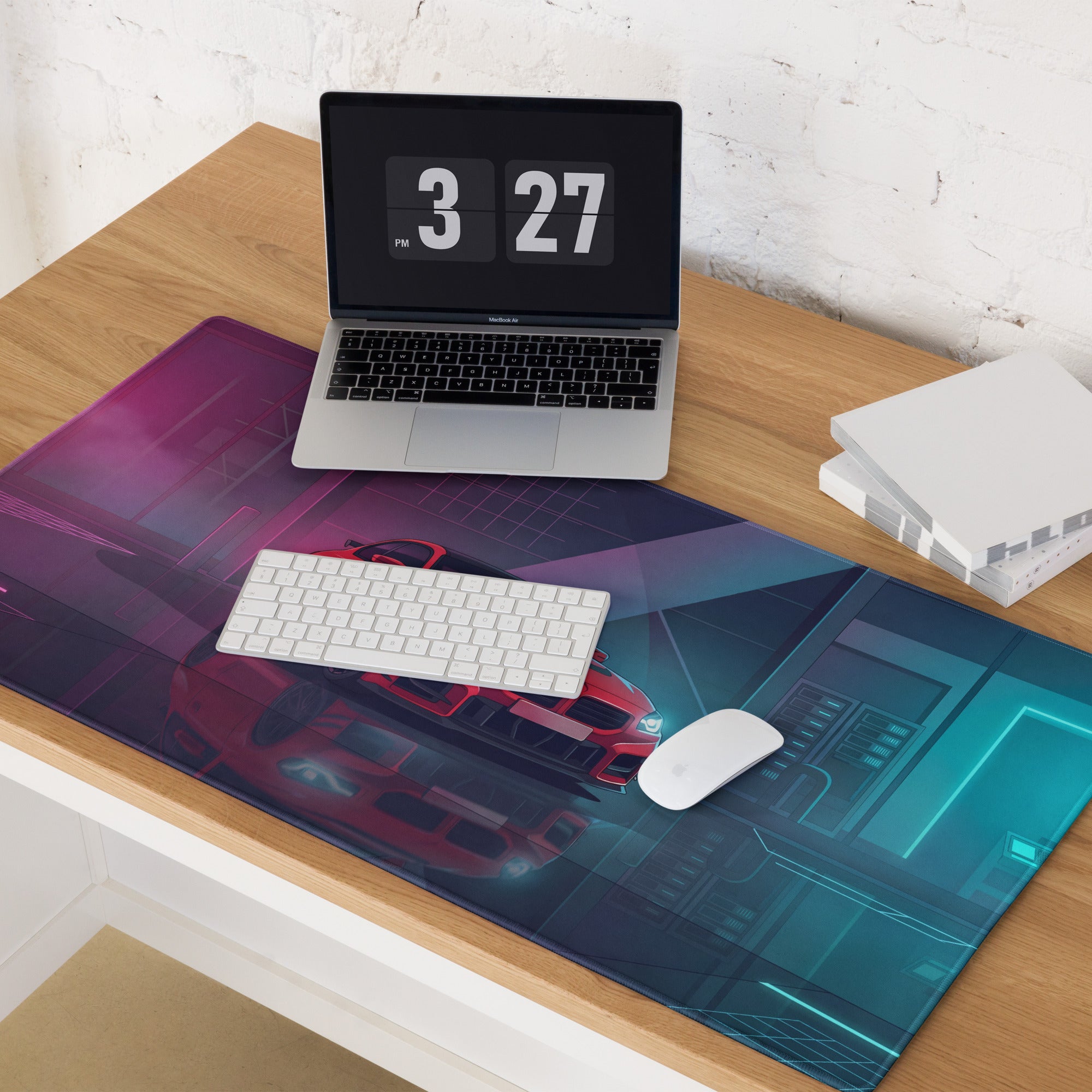 BMW M2 F87 Inspired Red Blue Vaporwave Gaming Mouse Pad, Neon Sports Coupe Desk Mat with Futuristic Cyberpunk Garage Artwork