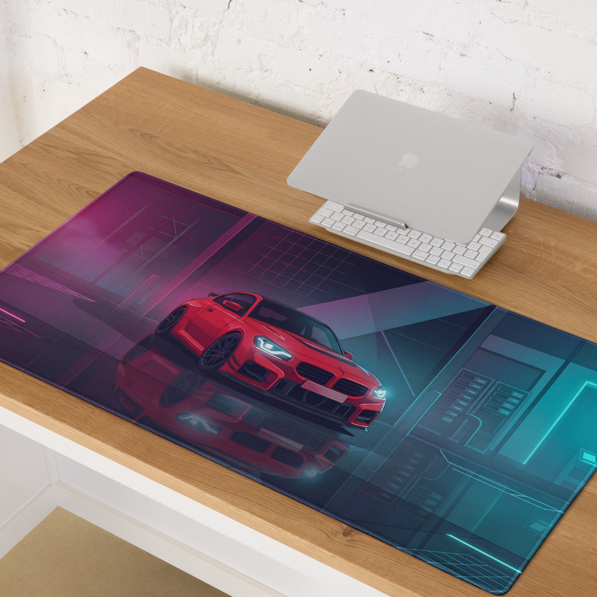 BMW M2 F87 Inspired Red Blue Vaporwave Gaming Mouse Pad, Neon Sports Coupe Desk Mat with Futuristic Cyberpunk Garage Artwork