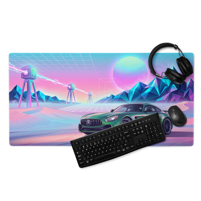 Mercedes-AMG GT R Inspired Green Pink Vaporwave Gaming Mouse Pad, Neon Supercar Desk Mat with Retro Futuristic Mountain Grid Artwork