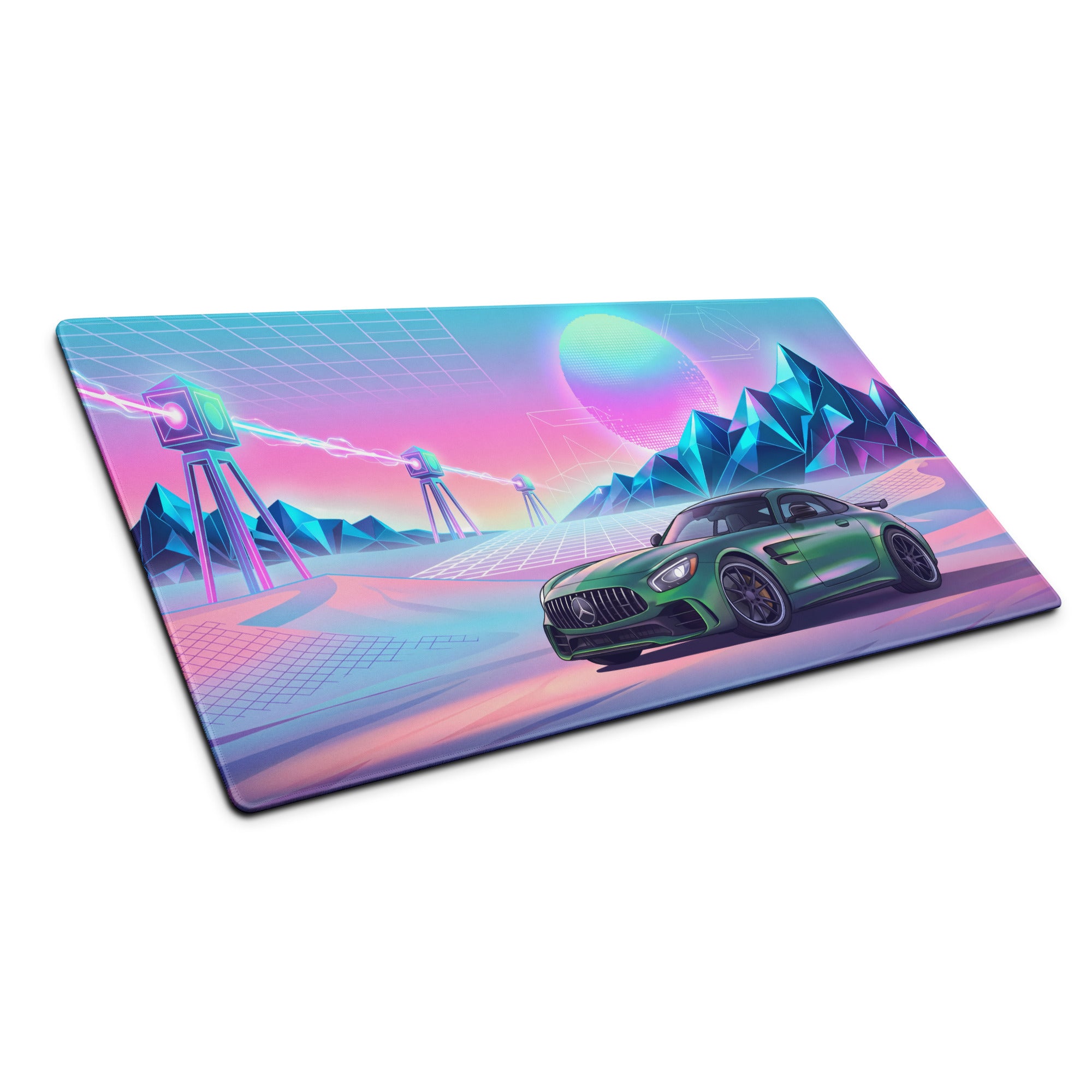 Mercedes-AMG GT R Inspired Green Pink Vaporwave Gaming Mouse Pad, Neon Supercar Desk Mat with Retro Futuristic Mountain Grid Artwork
