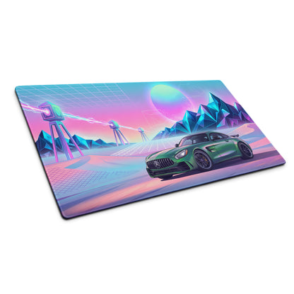 Mercedes-AMG GT R Inspired Green Pink Vaporwave Gaming Mouse Pad, Neon Supercar Desk Mat with Retro Futuristic Mountain Grid Artwork