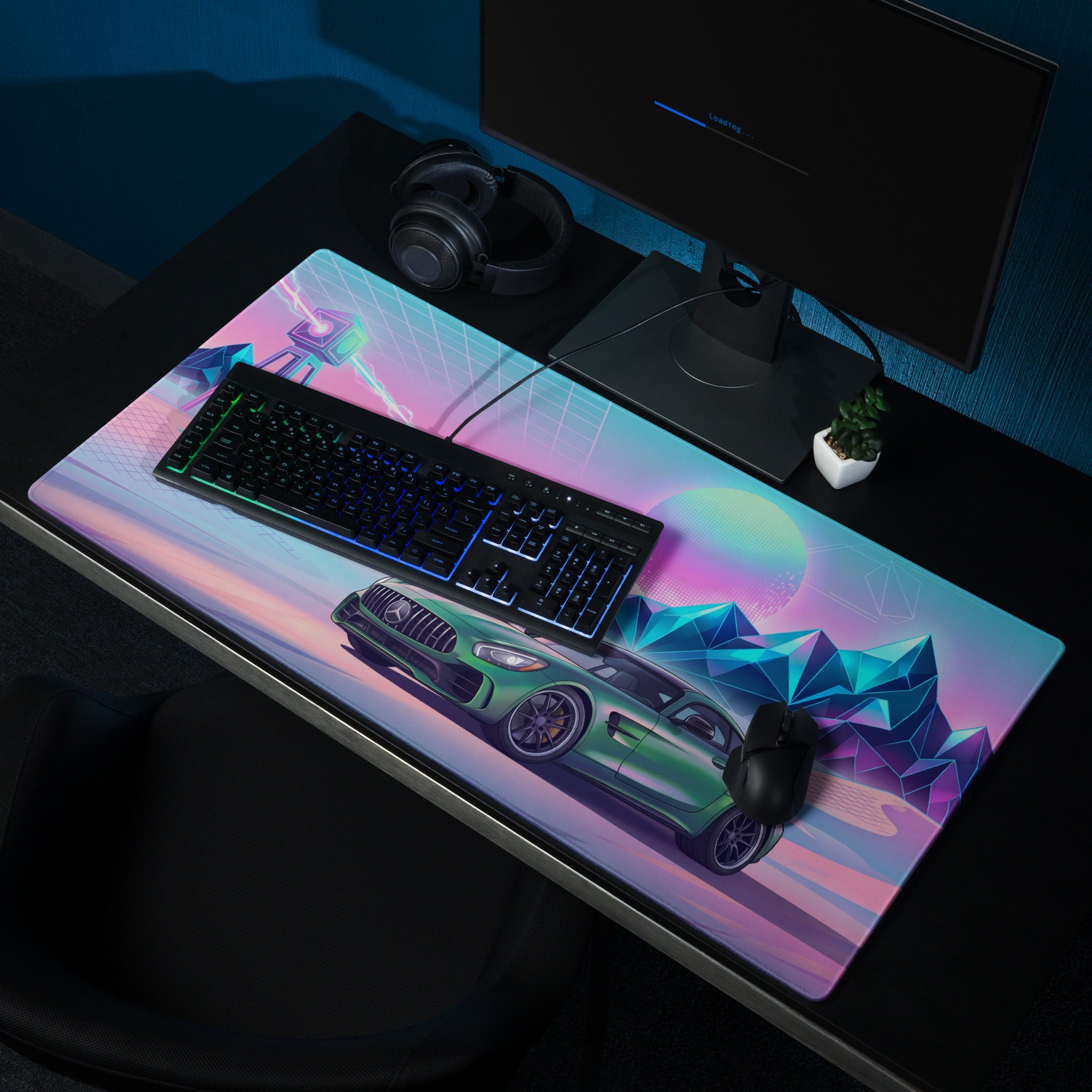 Mercedes-AMG GT R Inspired Green Pink Vaporwave Gaming Mouse Pad, Neon Supercar Desk Mat with Retro Futuristic Mountain Grid Artwork