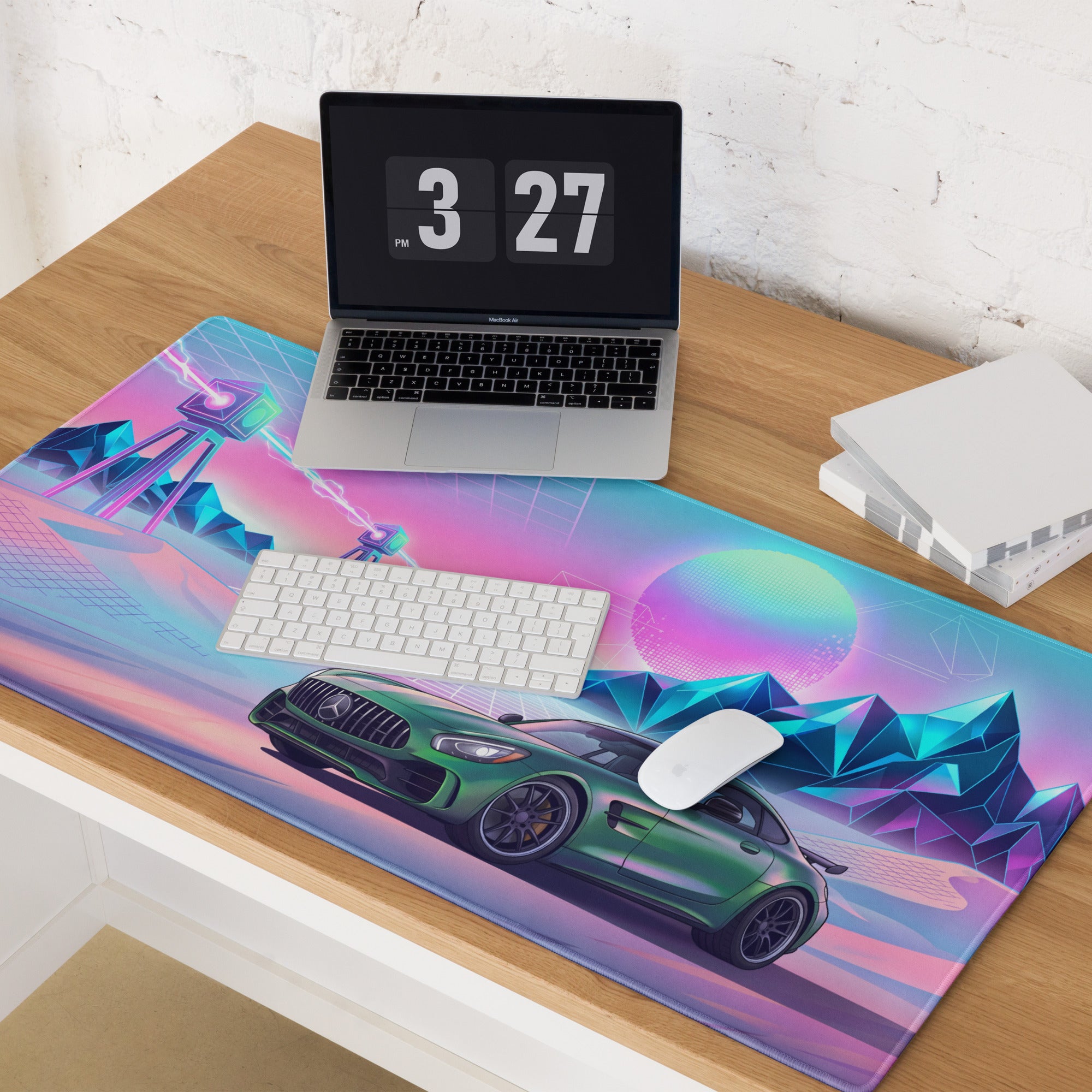 Mercedes-AMG GT R Inspired Green Pink Vaporwave Gaming Mouse Pad, Neon Supercar Desk Mat with Retro Futuristic Mountain Grid Artwork