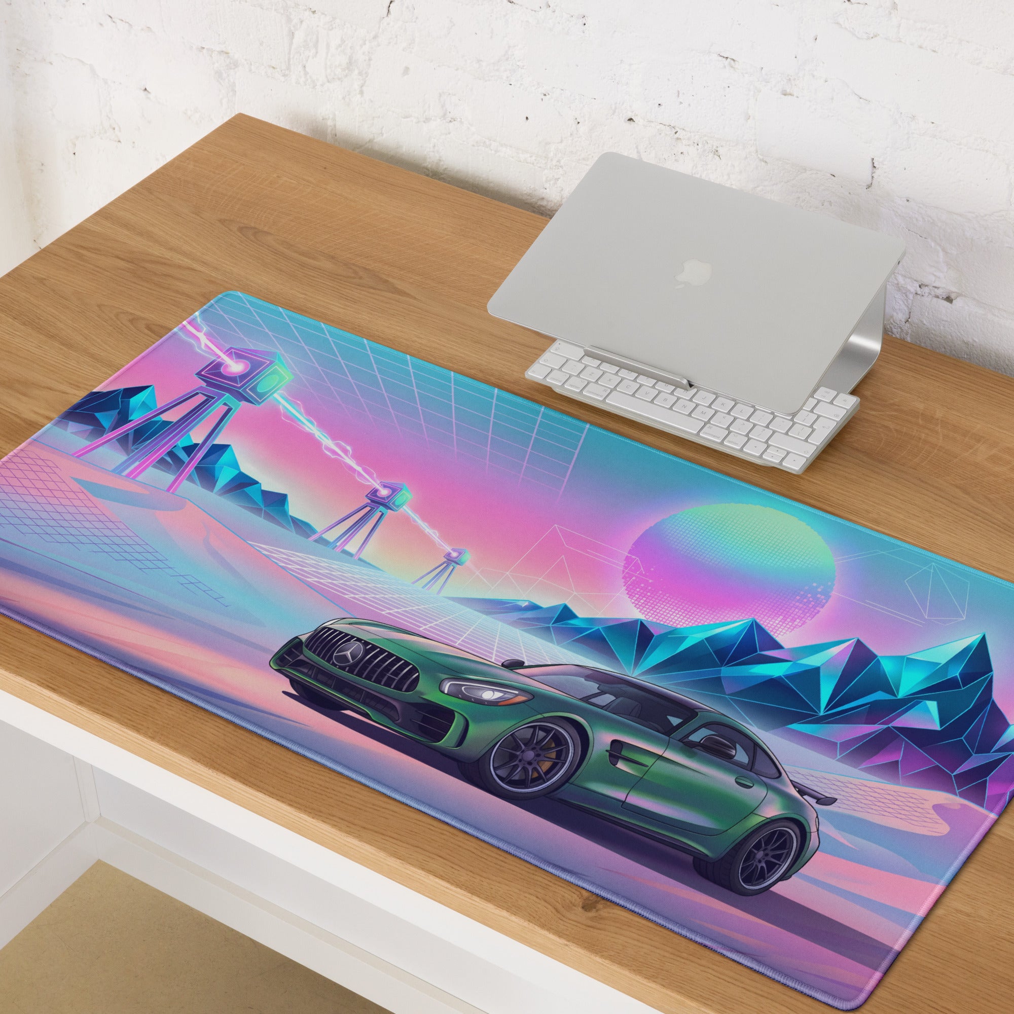 Mercedes-AMG GT R Inspired Green Pink Vaporwave Gaming Mouse Pad, Neon Supercar Desk Mat with Retro Futuristic Mountain Grid Artwork