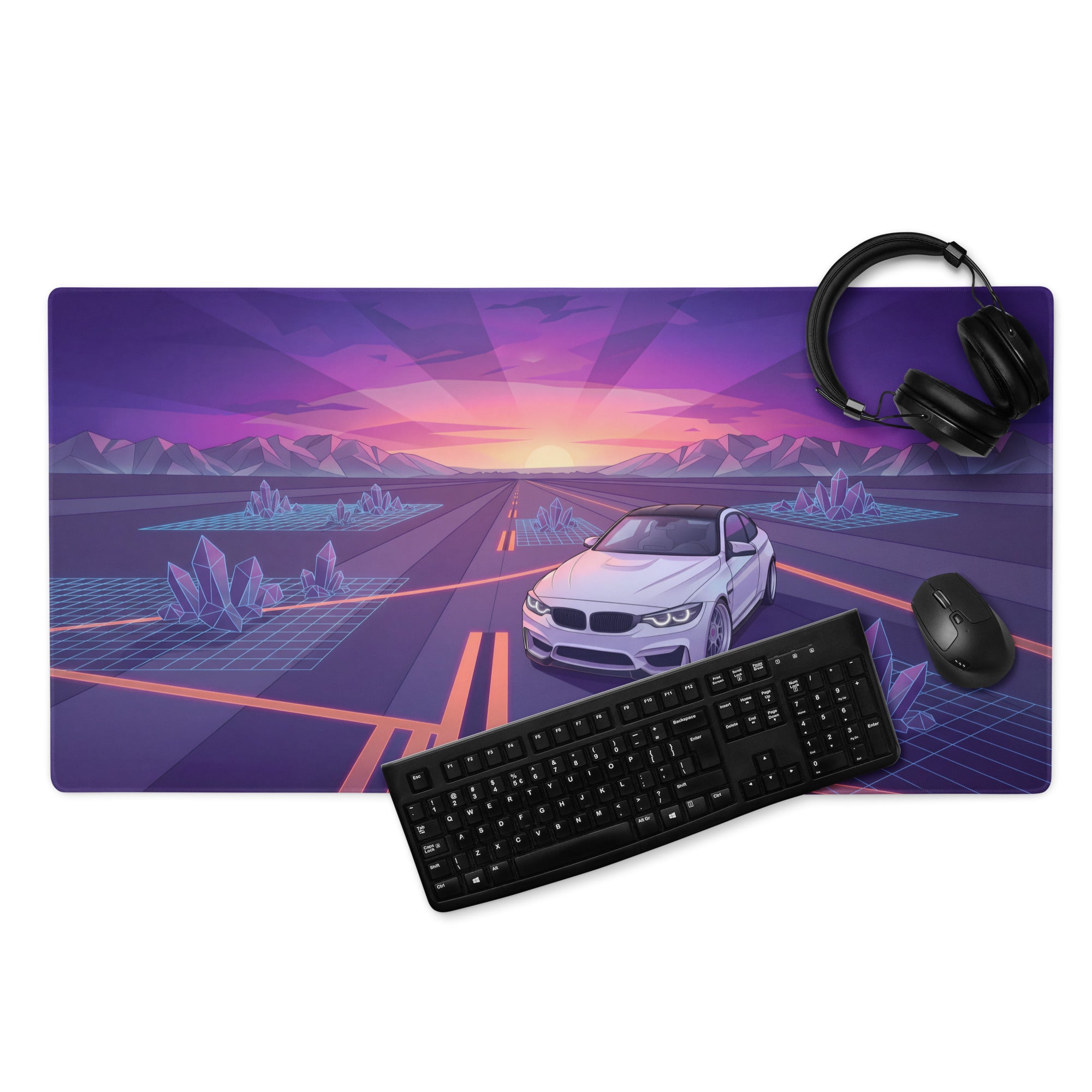 BMW M4 F82 Inspired White Purple Vaporwave Gaming Mouse Pad, Retro Sports Coupe Desk Mat with Neon Sunset Highway and Crystal Landscape Artwork