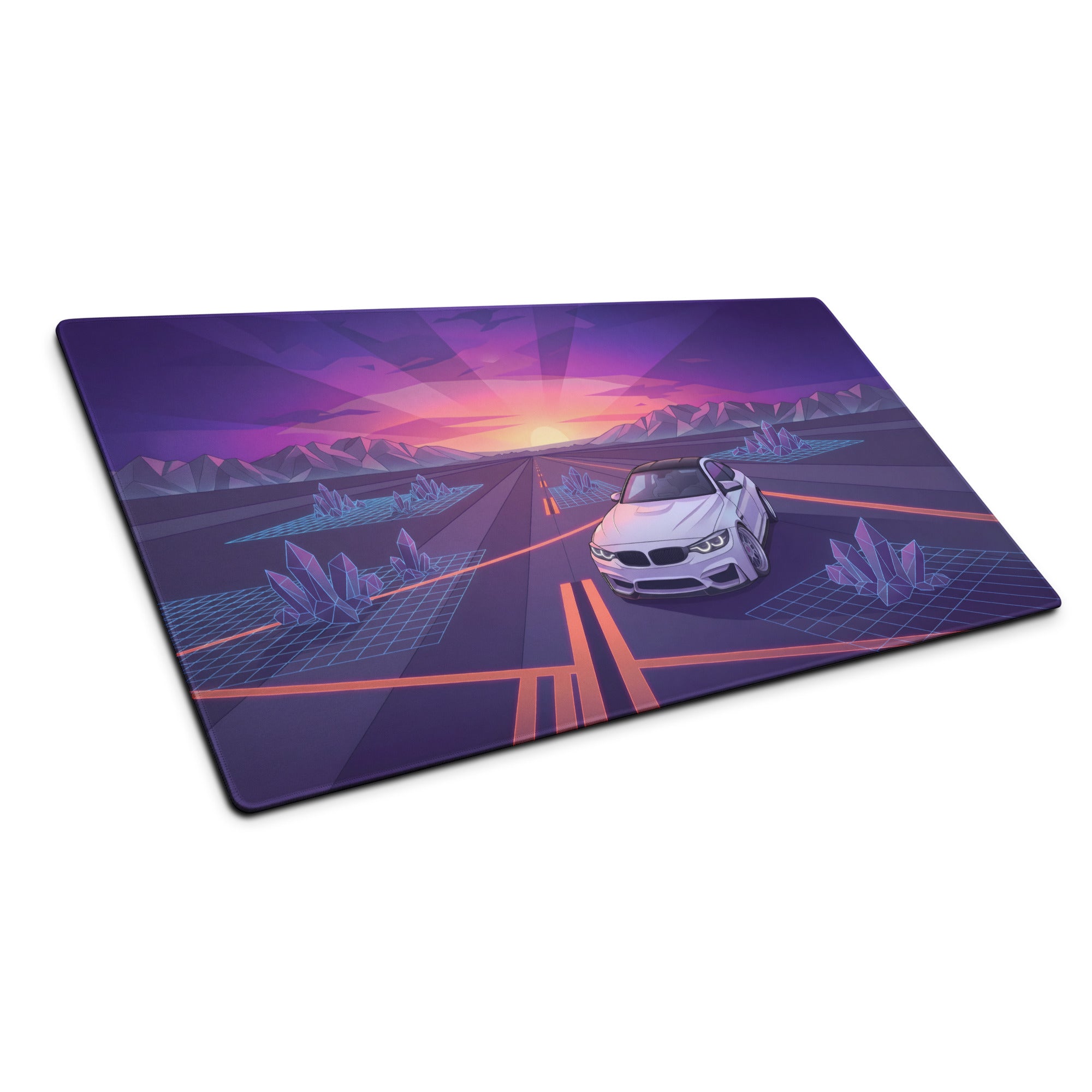 BMW M4 F82 Inspired White Purple Vaporwave Gaming Mouse Pad, Retro Sports Coupe Desk Mat with Neon Sunset Highway and Crystal Landscape Artwork