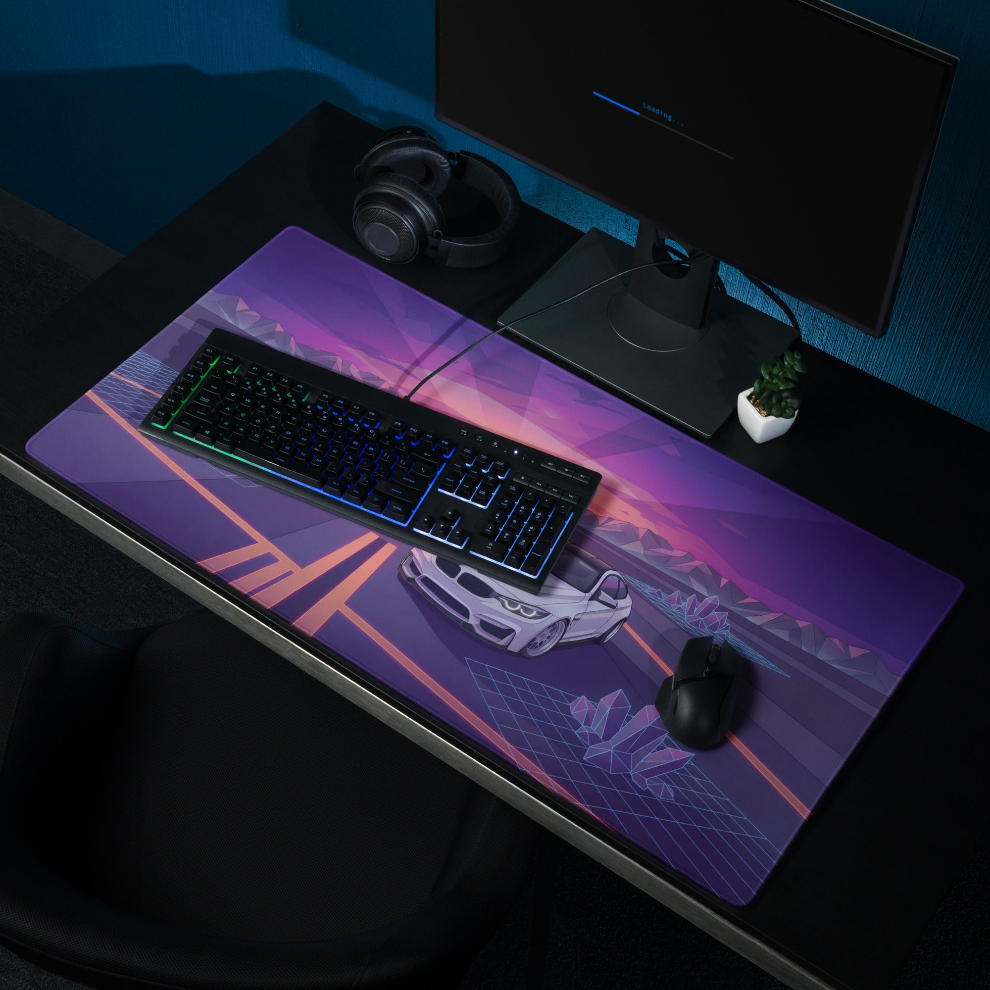 BMW M4 F82 Inspired White Purple Vaporwave Gaming Mouse Pad, Retro Sports Coupe Desk Mat with Neon Sunset Highway and Crystal Landscape Artwork