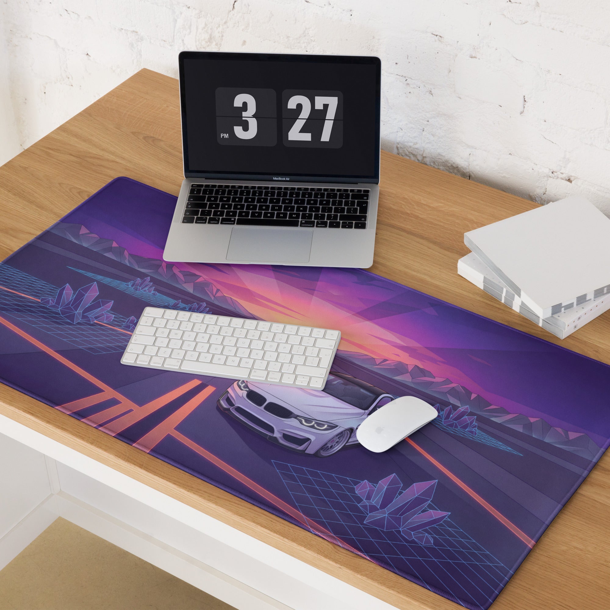 BMW M4 F82 Inspired White Purple Vaporwave Gaming Mouse Pad, Retro Sports Coupe Desk Mat with Neon Sunset Highway and Crystal Landscape Artwork