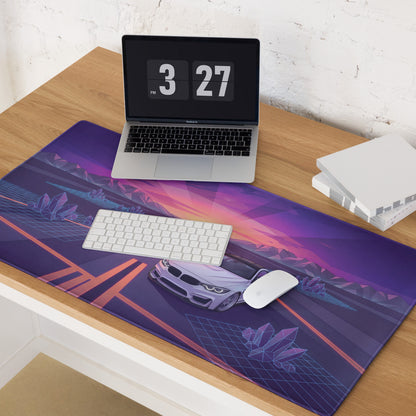 BMW M4 F82 Inspired White Purple Vaporwave Gaming Mouse Pad, Retro Sports Coupe Desk Mat with Neon Sunset Highway and Crystal Landscape Artwork
