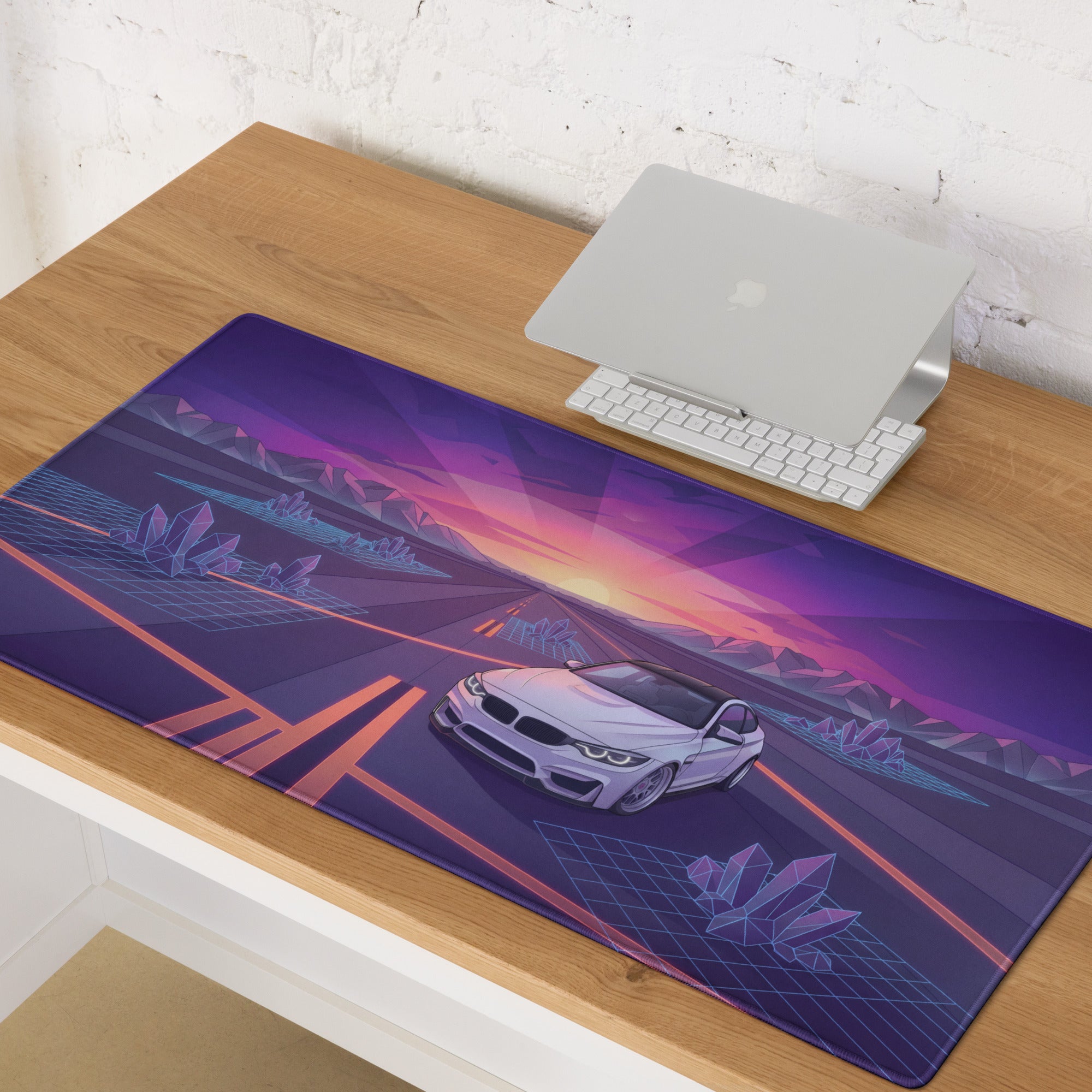 BMW M4 F82 Inspired White Purple Vaporwave Gaming Mouse Pad, Retro Sports Coupe Desk Mat with Neon Sunset Highway and Crystal Landscape Artwork