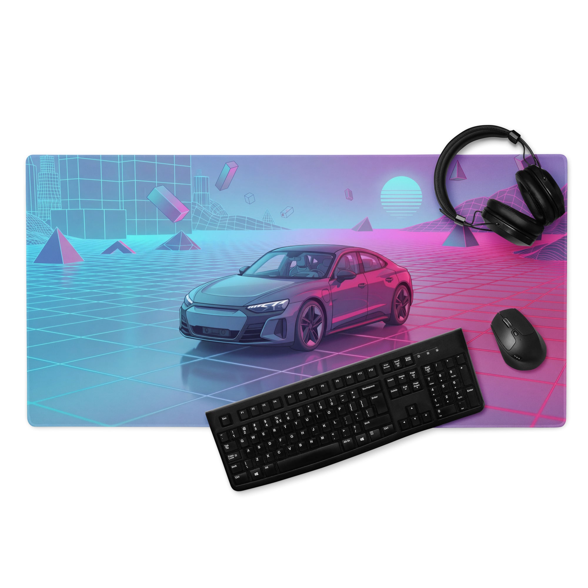Audi RS7 Inspired Gray Pink Vaporwave Gaming Mouse Pad, Neon Luxury Sportback Desk Mat with Retro Futuristic Grid Sunset Artwork