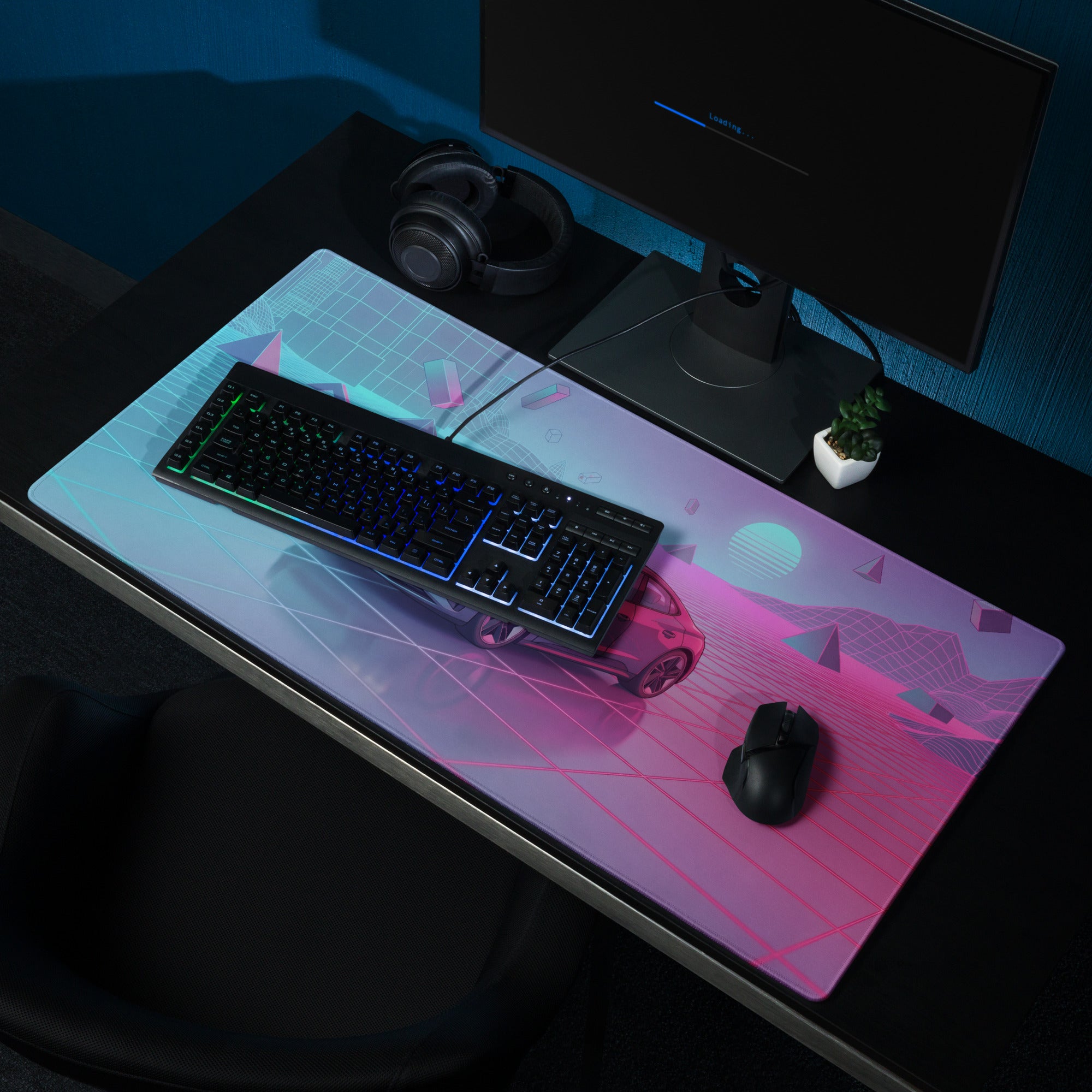 Audi RS7 Inspired Gray Pink Vaporwave Gaming Mouse Pad, Neon Luxury Sportback Desk Mat with Retro Futuristic Grid Sunset Artwork