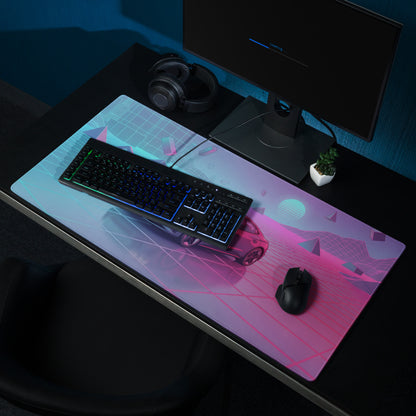 Audi RS7 Inspired Gray Pink Vaporwave Gaming Mouse Pad, Neon Luxury Sportback Desk Mat with Retro Futuristic Grid Sunset Artwork