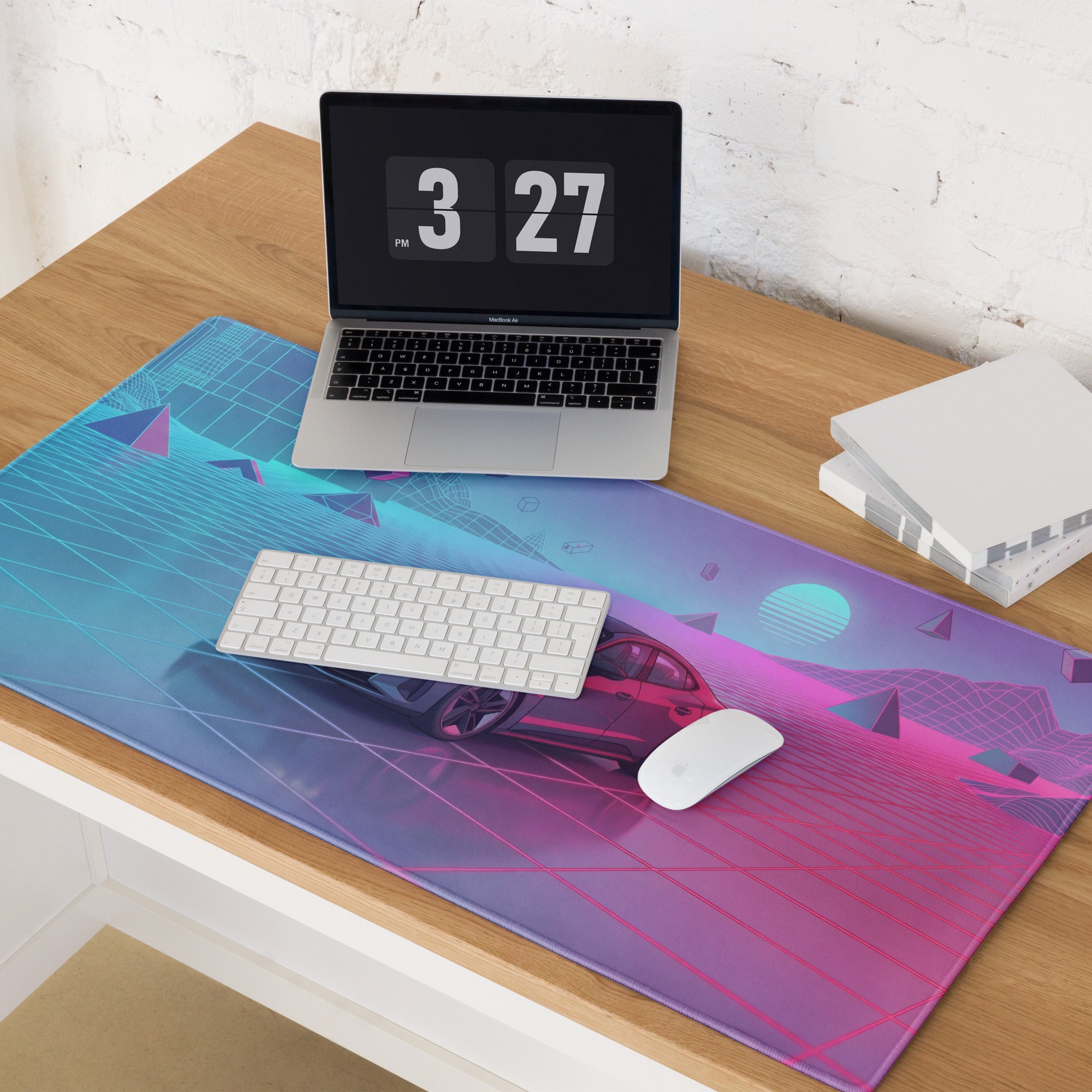 Audi RS7 Inspired Gray Pink Vaporwave Gaming Mouse Pad, Neon Luxury Sportback Desk Mat with Retro Futuristic Grid Sunset Artwork