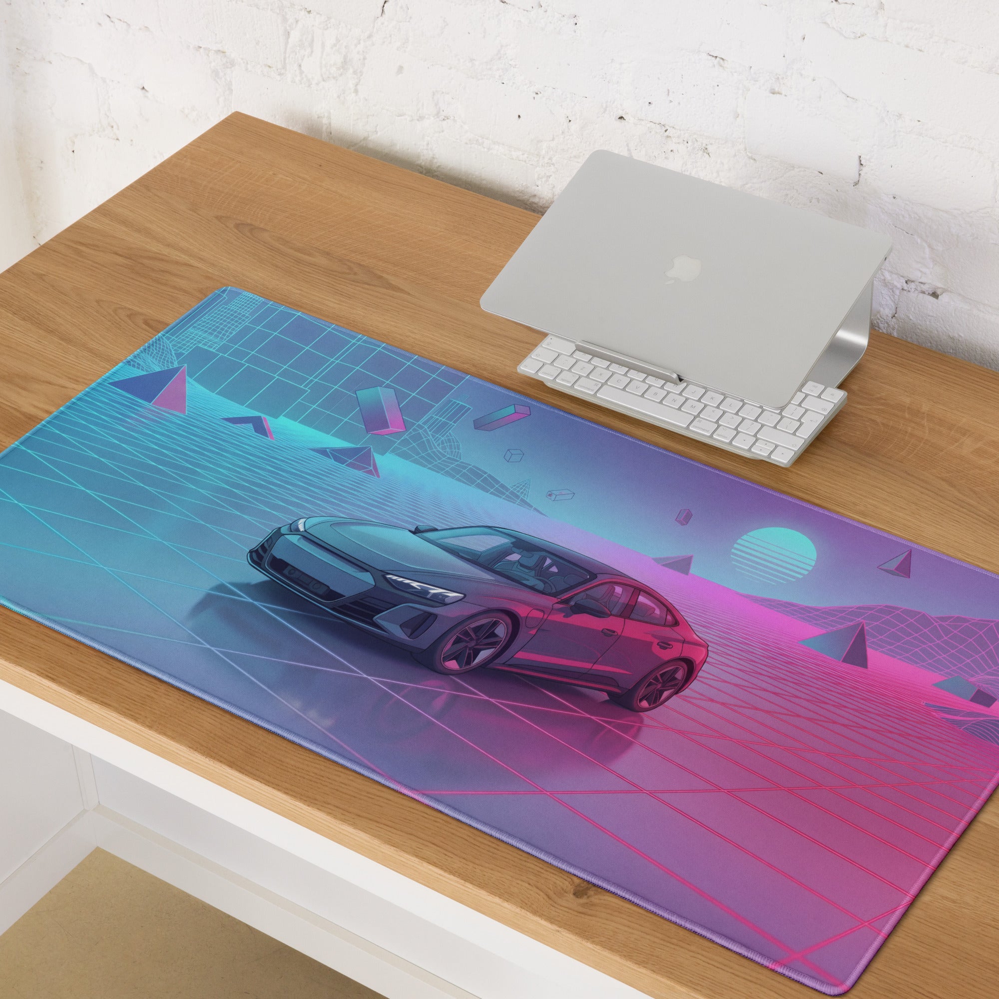 Audi RS7 Inspired Gray Pink Vaporwave Gaming Mouse Pad, Neon Luxury Sportback Desk Mat with Retro Futuristic Grid Sunset Artwork